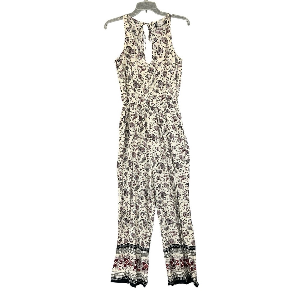 H&M DIVIDED Sleeveless Paisley Viscose Jumpsuit Cream Black Berry Red Size 6 - Picture 2 of 12